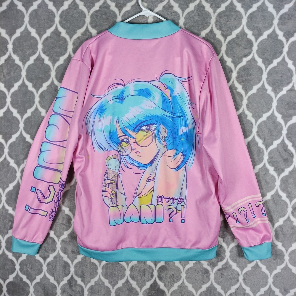 Vapor95 Nani Bomber Jacket Women Large Pink Blue Anime Graphic Vaporwave Kawaii